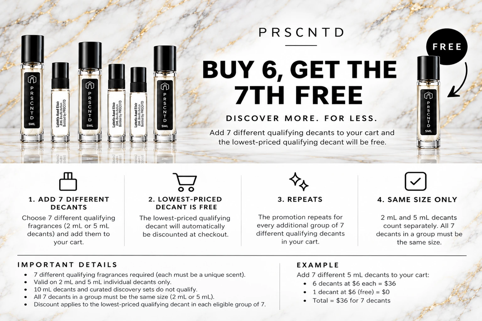PRSCNTD Buy 6, choose your 7th free fragrance decant promotion